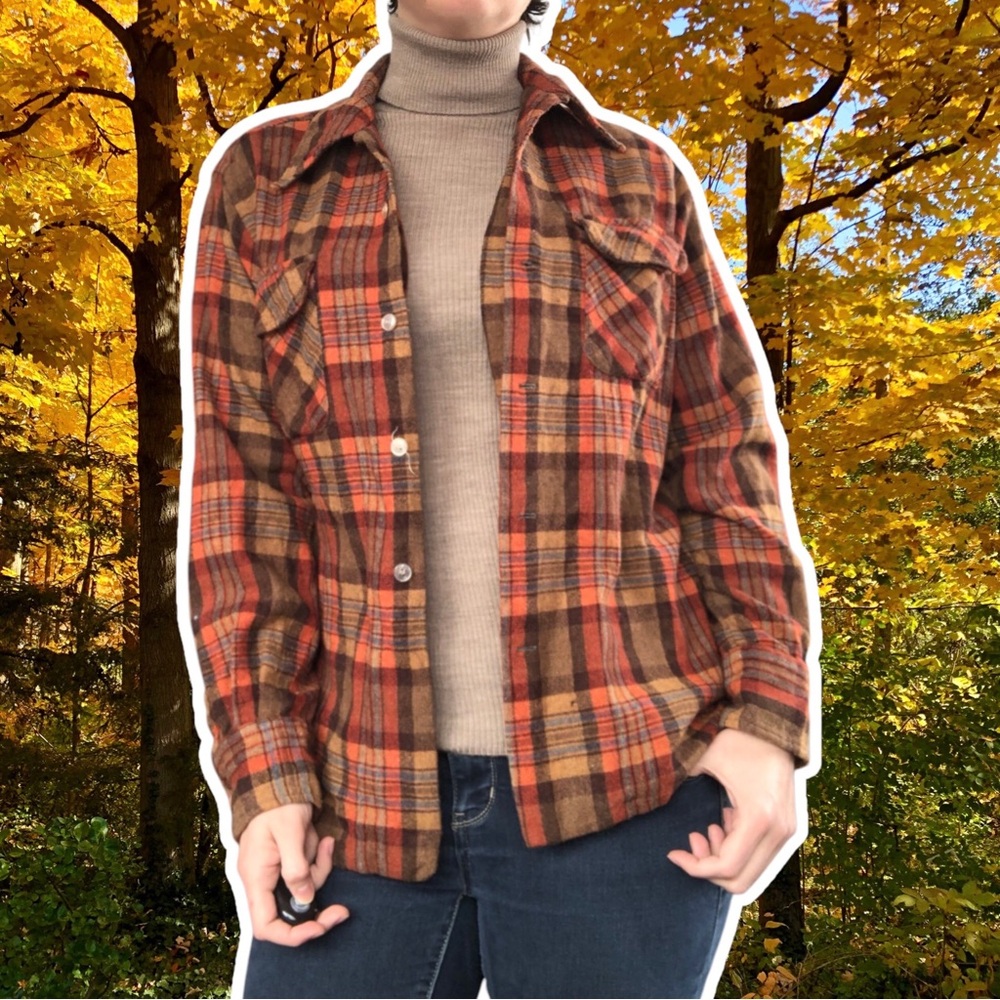 True Vintage 60s David Harrison Brown Orange Plaid Wool Button Up Shirt, Size M